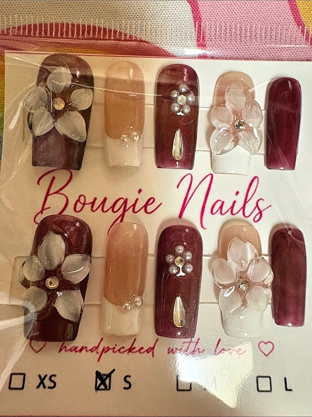 Bougie Nails Floral Embellished Press-On Nails Pink & Burgundy Small NWT